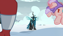 Size: 1920x1080 | Tagged: safe, screencap, cozy glow, lord tirek, queen chrysalis, changeling, changeling queen, frenemies (episode), g4, angry, butt, cozy glutes, crown, female, jewelry, plot, regalia, solo focus