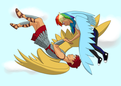 Size: 3504x2480 | Tagged: safe, artist:allonsbro, flash magnus, rainbow dash, human, g4, armor, converse, dashmagnus, female, flying, high res, humanized, male, shipping, shoes, straight, winged humanization, wings