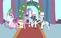 Size: 4800x3000 | Tagged: safe, artist:allonsbro, princess celestia, rumble, skywishes (g4), spike, thunderlane, twilight sparkle, alicorn, dragon, pegasus, pony, g4, adult, adult spike, bride, clothes, dress, female, flower filly, flower girl, flower girl dress, hat, male, mare, marriage, older, older spike, shipping, stallion, straight, suit, top hat, tuxedo, twilane, twilight sparkle (alicorn), wedding, wedding dress, wedding veil, winged spike, wings