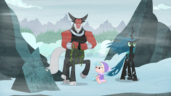 Size: 1920x1080 | Tagged: safe, screencap, cozy glow, lord tirek, queen chrysalis, centaur, changeling, changeling queen, pegasus, pony, frenemies (episode), g4, female, filly