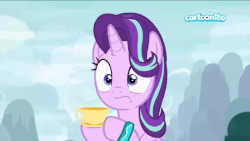 Size: 800x450 | Tagged: safe, screencap, starlight glimmer, pony, unicorn, g4, season 9, student counsel, animated, bracelet, cartoonito logo, cup, female, jewelry, mare, nervous laugh, solo, teacup