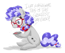 Size: 3900x3200 | Tagged: safe, artist:flutterthrash, oc, oc only, oc:cinnabyte, earth pony, pony, adorkable, ascot, bandana, cartridge, cinnabetes, cute, d-pad, dork, earth pony oc, female, game cartridge, glasses, high res, mare, meganekko, neckerchief, nintendo, open mouth, pigtails, simple background, smiling, solo, super nintendo, video game, white background