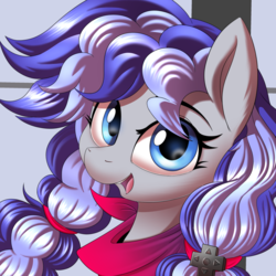 Size: 3000x3000 | Tagged: safe, artist:ask-colorsound, oc, oc only, oc:cinnabyte, earth pony, pony, bandana, blue eyes, earth pony oc, female, high res, icon, looking at you, mare, neckerchief, pigtails, purple, simple background, smiling, solo