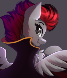 Size: 3019x3503 | Tagged: safe, artist:airiniblock, oc, oc only, oc:ruza, pegasus, pony, rcf community, cape, clothes, commission, fangs, gray background, high res, looking back, simple background, solo
