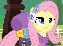Size: 500x368 | Tagged: safe, screencap, fluttershy, pegasus, pony, dungeons and discords, g4, season 6, adorable face, animated, clothes, cute, earmuffs, female, fence, fluttershy is not amused, luggage, mare, raised eyebrow, reaction image, saddle bag, solo, unamused