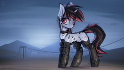 Size: 1920x1080 | Tagged: safe, artist:justafallingstar, oc, oc only, oc:blackjack, cyborg, pony, unicorn, fallout equestria, fallout equestria: project horizons, augmented, collar, colored sketch, cyber legs, fanfic art, female, level 2 (project horizons), mare, solo