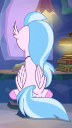 Size: 381x672 | Tagged: safe, screencap, silverstream, classical hippogriff, hippogriff, g4, student counsel, animation error, book, cropped, female, rear view, sitting, solo, treehouse of harmony, upside down