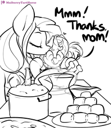 Size: 2000x2300 | Tagged: safe, artist:mulberrytarthorse, oc, oc only, oc:mulberry tart, oc:southern smorgasbord, pony, daughter, feast, female, filly, food, high res, morgpie, mother, patreon, patreon logo, ponies eating meat