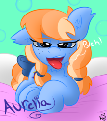 Size: 1383x1559 | Tagged: safe, artist:kingkrail, oc, oc only, oc:aurelia coe, earth pony, pony, bleh, blue coat, bow, bubble, champions of equestria, female, freckles, front view, orange mane, solo, tail, tail bow, tongue out