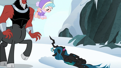 Size: 1920x1080 | Tagged: safe, screencap, cozy glow, lord tirek, queen chrysalis, changeling, changeling queen, pegasus, pony, frenemies (episode), g4, clothes, female, filly, hat, on back, snow, sweater
