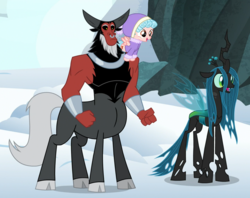 Size: 1287x1019 | Tagged: safe, screencap, cozy glow, lord tirek, queen chrysalis, changeling, changeling queen, pegasus, pony, frenemies (episode), g4, clothes, cozy glow riding lord tirek, cropped, female, filly, hat, riding, snow, sweater