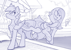 Size: 2360x1670 | Tagged: safe, artist:yakovlev-vad, fluttershy, rainbow dash, pegasus, pony, butt, female, food, frog (hoof), gritted teeth, ice cream, ice cream cone, innocent, looking up, mare, monochrome, oops, plot, prank, prankster dash, pure unfiltered evil, pushing, rainbow douche, raised leg, sketch, swimming pool, this will end in tears, underhoof