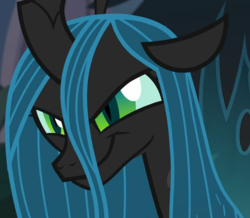 Size: 741x646 | Tagged: safe, screencap, queen chrysalis, changeling, changeling queen, frenemies (episode), g4, cropped, evil grin, female, grin, smiling, solo