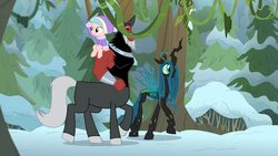 Size: 1920x1080 | Tagged: safe, screencap, cozy glow, lord tirek, queen chrysalis, changeling, changeling queen, pegasus, pony, frenemies (episode), g4, clothes, cozy glow riding lord tirek, female, filly, hat, riding, snow, sweater