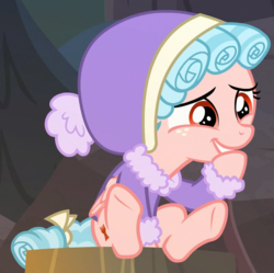 Size: 729x725 | Tagged: safe, screencap, cozy glow, pegasus, pony, frenemies (episode), g4, clothes, cozybetes, cropped, cute, female, filly, hat, hoof on chin, sitting, solo, sweater