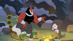 Size: 1920x1080 | Tagged: safe, screencap, cozy glow, lord tirek, pegasus, pony, frenemies (episode), g4, campfire, chair, duo, female, filly, sitting, tongue out