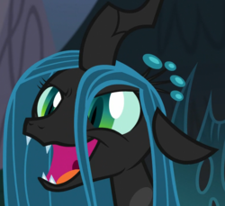 Size: 781x716 | Tagged: safe, screencap, queen chrysalis, changeling, changeling queen, frenemies (episode), g4, bust, cropped, fangs, female, open mouth, solo