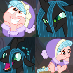 Size: 1400x1400 | Tagged: safe, screencap, cozy glow, queen chrysalis, changeling, changeling queen, pegasus, pony, frenemies (episode), g4, cozy glow is best facemaker, face, faic, female, filly, foal