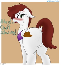 Size: 1700x1800 | Tagged: safe, artist:eclipsepenumbra, artist:eclipsethebat, oc, oc only, oc:graph travel, pegasus, pony, blushing, butt, butt freckles, clothes, female, floppy ears, freckles, looking at you, looking back, looking back at you, mare, plot, signature, simple background, solo, text, upset, vest