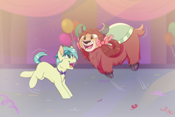 Size: 3000x2000 | Tagged: safe, artist:glitterstar2000, sandbar, yona, earth pony, pony, yak, g4, she's all yak, balloon, bow, bowtie, chest fluff, cloven hooves, cute, dancing, duo, duo male and female, female, hair bow, high res, interspecies, jumping, larger female, male, missing cutie mark, monkey swings, open mouth, sandabetes, scene interpretation, ship:yonabar, shipping, size difference, smaller male, straight, teenager, yonadorable