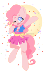 Size: 1024x1655 | Tagged: safe, artist:sawberrykiss, pinkie pie, earth pony, semi-anthro, g4, arm hooves, beanbrows, blushing, clothes, colored pupils, confetti, cute, cute little fangs, diapinkes, dress, eyebrows, fangs, female, heart eyes, mare, miniskirt, moe, one eye closed, skirt, solo, wingding eyes