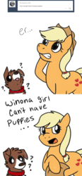 Size: 800x1720 | Tagged: safe, artist:askwinonadog, applejack, winona, dog, ask winona, g4, ..., ask, comic, confused, duo, hat off, hoof hold, implied spayed, question mark, simple background, tumblr, white background