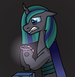 Size: 1403x1441 | Tagged: safe, artist:kindheart525, oc, oc only, oc:philia agape armet, changepony, hybrid, pony, unicorn, kindverse, bracelet, crying, friendship bracelet, interspecies offspring, jewelry, offspring, parent:queen chrysalis, parent:shining armor, parents:shining chrysalis, solo