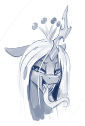 Size: 1901x2793 | Tagged: safe, artist:dimfann, queen chrysalis, changeling, changeling queen, g4, bust, drool, fangs, female, grayscale, lidded eyes, long tongue, monochrome, open mouth, portrait, simple background, smiling, solo, tongue out, white background