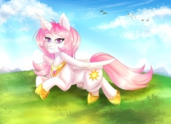 Size: 2560x1867 | Tagged: safe, artist:arinadler, princess celestia, alicorn, pony, g4, female, hill, jewelry, mare, pink-mane celestia, prone, regalia, smiling, solo, younger