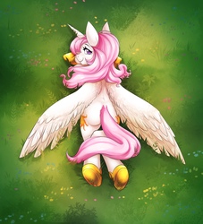 Size: 1964x2160 | Tagged: safe, artist:arinadler, princess celestia, alicorn, pony, g4, female, hill, jewelry, mare, pink-mane celestia, prone, regalia, smiling, solo, younger