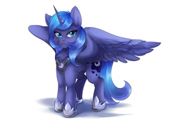 Size: 2200x1600 | Tagged: safe, artist:arinadler, princess luna, alicorn, pony, g4, female, hoof shoes, signature, simple background, smiling, solo, white background, younger
