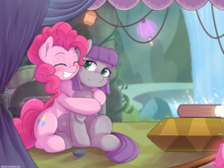 Size: 3200x2400 | Tagged: safe, artist:tikrs007, maud pie, pinkie pie, earth pony, pony, g4, blushing, book, cute, diapinkes, duo, eyes closed, female, high res, hug, lamp, mare, maud's cave, maudabetes, pie sisters, sibling love, siblings, sisterly love, sisters, smiling, when she smiles