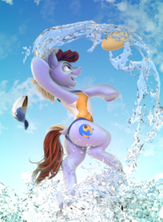 Size: 768x1044 | Tagged: safe, artist:v747, oc, oc only, oc:corduroy road, earth pony, pony, 3d, action pose, baseball cap, butt, cap, clothes, commission, crossdressing, dock, hat, male, one-piece swimsuit, plot, solo, stallion, swimsuit, underhoof, water