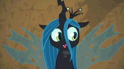 Size: 1280x720 | Tagged: safe, artist:eqamrd, queen chrysalis, changeling, changeling queen, frenemies (episode), season 9, spoiler:s09, animated, cute, cute little fangs, cutealis, daaaaaaaaaaaw, eye shimmer, fangs, featured image, female, gif, happy, headbob, highlights, hnnng, horn, metronome, open mouth, party soft, perfect loop, smiling, solo, teeth, tongue out, weapons-grade cute, wings