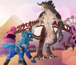 Size: 2035x1754 | Tagged: safe, alternate version, artist:charlie-bad-touch, oc, oc only, oc:quakeponi, deathclaw, pony, unicorn, fallout equestria, sparkle world, butt, claws, clothes, commission, fallout, fallout 4, featureless crotch, horns, jumpsuit, plot, ripped pants, vault suit