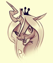 Size: 882x1046 | Tagged: safe, artist:imalou, queen chrysalis, changeling, changeling queen, g4, crown, female, jewelry, looking at you, monochrome, regalia, simple background, solo, tongue out, yellow background