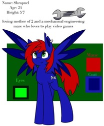 Size: 400x480 | Tagged: safe, artist:askhypnoswirl, oc, oc only, oc:shrapnel, pegasus, pony, colored wings, cutie mark, ear piercing, female, mother, multicolored wings, piercing, reference sheet, simple background, text, wings, wrench