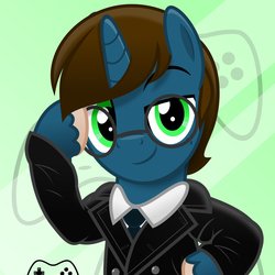 Size: 2048x2048 | Tagged: safe, artist:jhayarr23, oc, oc only, oc:jeremy gamer, pony, unicorn, abstract background, bipedal, business suit, clothes, controller, glasses, high res, horn, male, necktie, salute, solo, unicorn oc, unshorn fetlocks