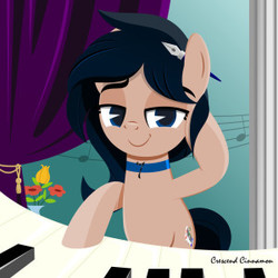 Size: 300x300 | Tagged: safe, artist:jhayarr23, oc, oc only, oc:crescend cinnamon, pony, female, flower, graduation cap, hat, lidded eyes, music notes, musical instrument, pac-man eyes, piano, smiling