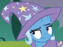 Size: 986x746 | Tagged: safe, edit, edited screencap, screencap, trixie, pony, celestial advice, g4, blurry, clothes, female, hat, mare, needs more jpeg, solo, trixie is not amused, trixie's hat, unamused, wizard hat