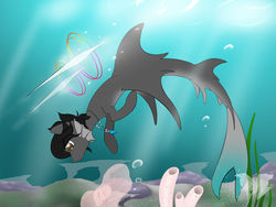 Size: 1280x960 | Tagged: safe, artist:humble-ravenwolf, artist:ravenhoof, oc, oc:ravenhoof, merpony, original species, seapony (g4), shark pony, bubble, coral, crepuscular rays, dorsal fin, fin, fin ears, fins, fish tail, flowing mane, flowing tail, jewelry, logo, male, mermay, mermay2018, necklace, ocean, reef, seaweed, shell, sunlight, tail, underwater