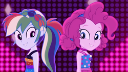 Size: 1920x1080 | Tagged: safe, screencap, pinkie pie, rainbow dash, equestria girls, g4, i'm on a yacht, my little pony equestria girls: better together, alternate hairstyle, bare shoulders, beautiful, clothes, cute, dashabetes, diapinkes, dress, duo, exposed belly, female, looking at each other, looking at someone, looking at you, neon eg logo, side by side, sleeveless, smiling, smiling at each other