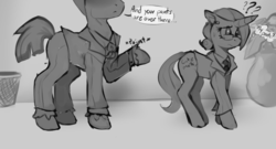 Size: 894x483 | Tagged: safe, artist:spaboofy, oc, oc only, oc:diamond gavel, pony, unicorn, business suit, clothes, editorial cutie mark, exclamation point, female, glasses, horn, interrobang, male, monochrome, necktie, pointing, question mark, sweat, unicorn oc, we don't normally wear clothes