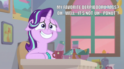 Size: 1280x717 | Tagged: safe, edit, edited screencap, screencap, starlight glimmer, pony, unicorn, g4, student counsel, blatant lies, bowl, bracelet, cartoonito logo, cup, dialogue, female, floppy ears, jewelry, mare, meta, ponut, solo