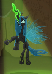 Size: 558x797 | Tagged: safe, screencap, queen chrysalis, changeling, changeling queen, frenemies (episode), g4, cropped, female, flying, glowing horn, horn, solo, spotlight