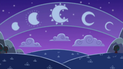 Size: 2100x1180 | Tagged: safe, screencap, frenemies (episode), g4, cloud, crescent moon, hill, lunar phases, moon, mountain, night, no pony, storybook, tree