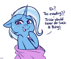 Size: 659x554 | Tagged: safe, artist:higglytownhero, trixie, pony, unicorn, g4, blatant lies, blushing, cute, dialogue, diatrixes, female, floppy ears, mare, pure unfiltered evil, seems legit, simple background, solo, sweatdrop, tax evasion, taxes, this will end in jail time, white background