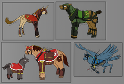 Size: 1790x1218 | Tagged: safe, artist:basiliskfree, oc, oc only, oc:gear grinder, earth pony, pegasus, pony, unicorn, clothes, concept art, female, goggles, gray background, horn, knife, leonine tail, male, mare, radio, short horn, simple background, soldier, stallion, uniform