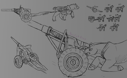 Size: 1000x614 | Tagged: safe, artist:basiliskfree, oc, oc only, earth pony, pony, artillery, concept art, gray background, grayscale, gun, monochrome, simple background, weapon