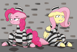 Size: 9000x6000 | Tagged: safe, artist:chedx, fluttershy, pinkie pie, pony, g4, bored, bound wings, clothes, frustrated, hat, prison, prison outfit, prison stripes, prisoner, prisoner fs, prisoner pp, wing cuffs, wings